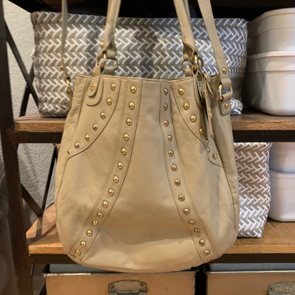 Emma Fox Leather Gold Studded Cream Crossbody Shoulder Purse